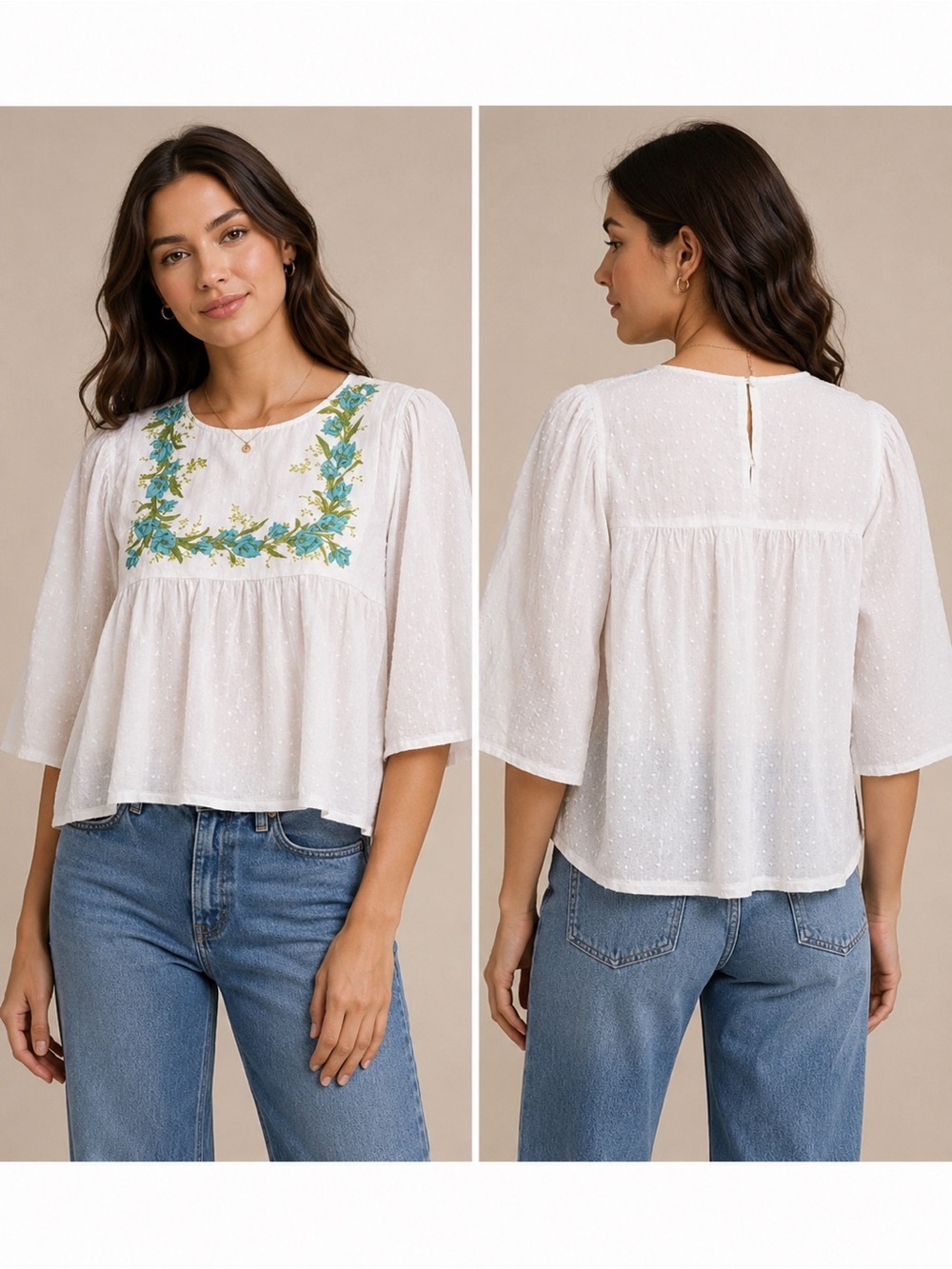 Upcycled by Reissued White Peasant Blouse with Green and Blue Floral Embroidery